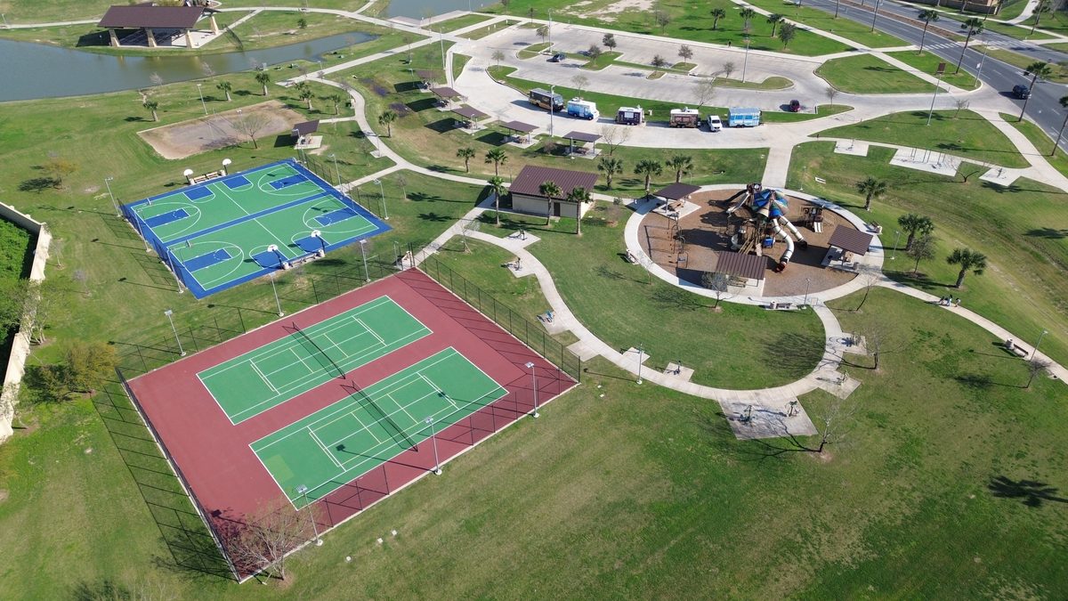 Community park with tennis courts aerial